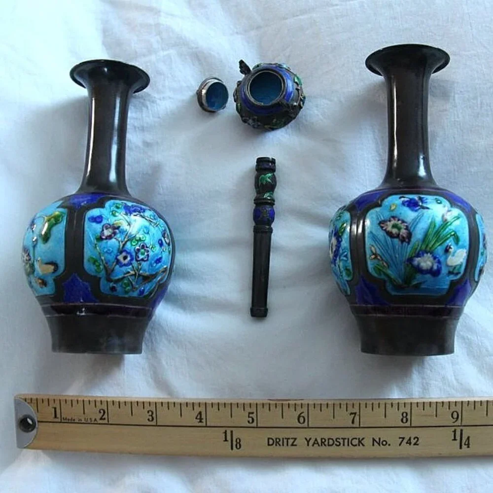 Small Vintage Cloisonne Genuine Silver Antique Natural Patina  Floral Vase Set